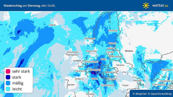 Die Grafik zeigt die Regenmengen am Dienstag, 16.05.2023, rund um Italien