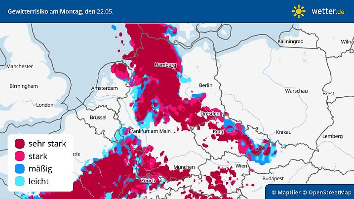 Die Grafik zeigt die Gewittergefahr am Montag, 22.05.2023