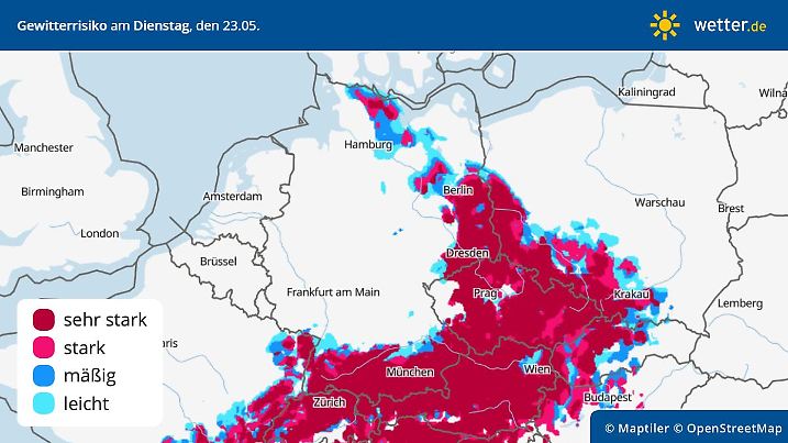 Die Grafik zeigt die Gewittergefahr in Deutschland am Montag, 22.05.2023