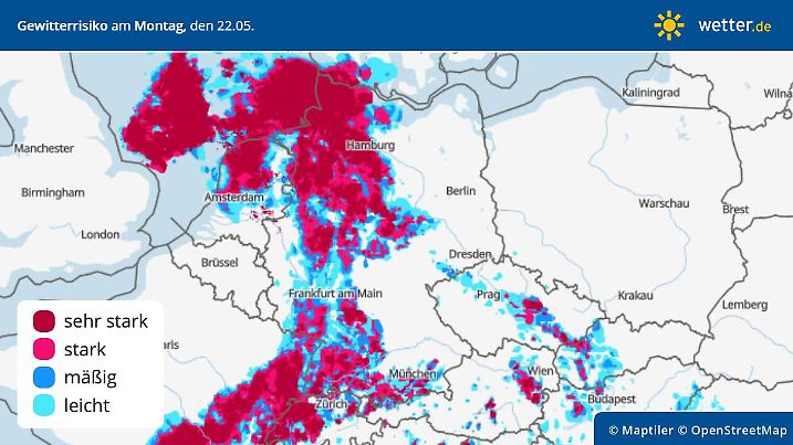 Gewitterrisiko am Montag, 22. Mai, in Deutschland