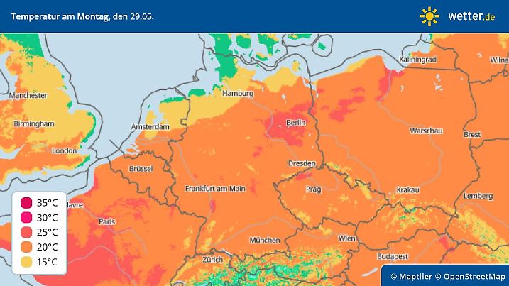 Temperaturhöchstwerte für Montag, 29. Mai, in Deutschland