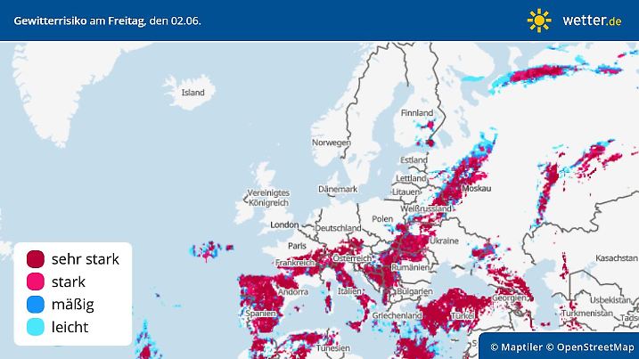 Gewitterrisiko in Europa am Freitag, 2. Juni.