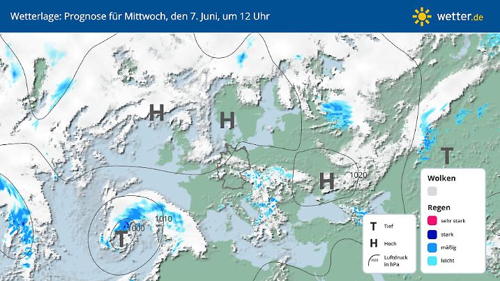 Die Wetterlage in Europa mit Hochs und Tiefs