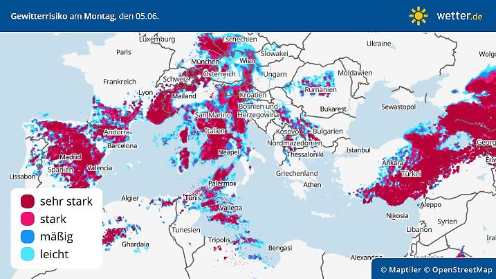 Das Unwetterrisiko am Montag in Europa.