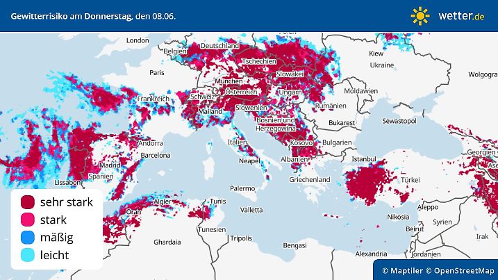 Die Karte zeigt das Unwetterrisiko am Donnerstag in Europa.