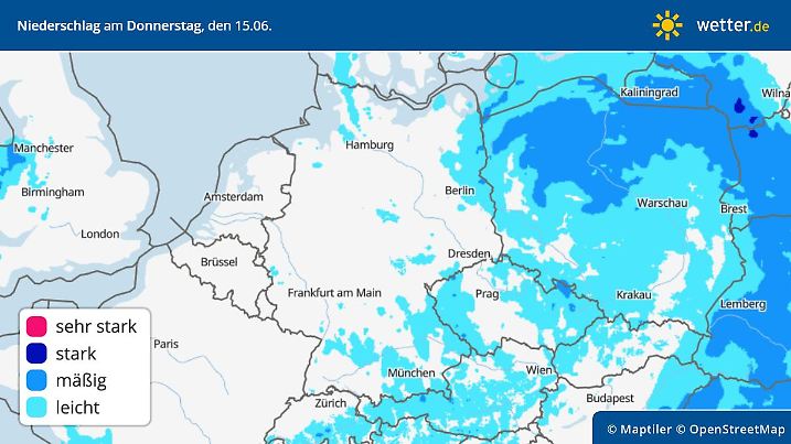 Die Grafik zeigt die Niederschläge am Donnerstag, 15.06.2023