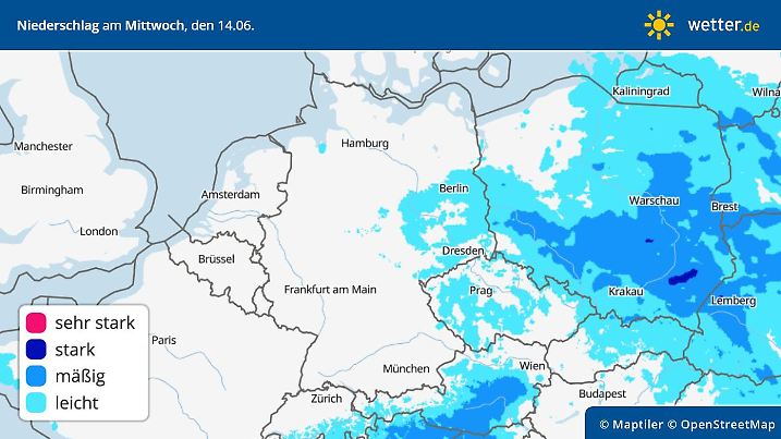 Die Grafik zeigt die Niederschläge am Mittwoch, 14.06.2023