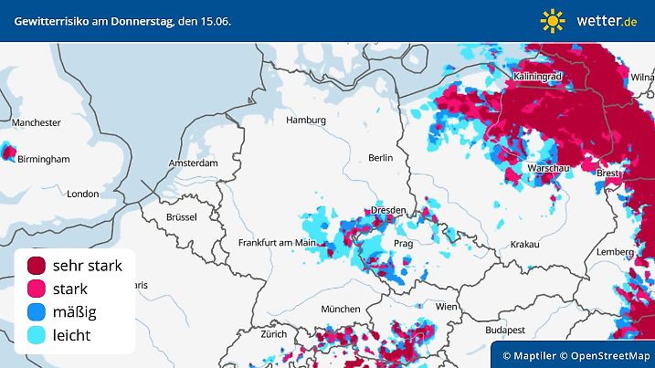 Die Grafik zeigt die Gewittergefahr am Donnertag, 15.06.2023