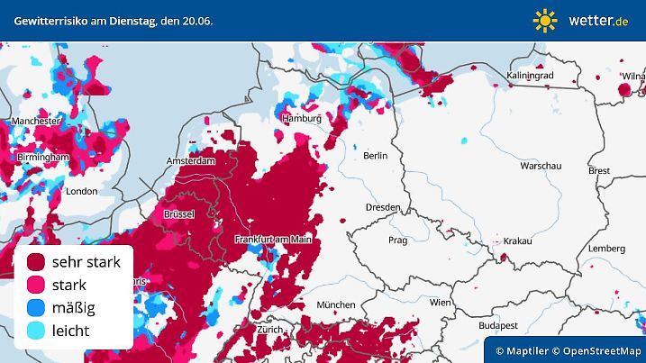 Die Grafik zeigt die Gewittergefahr am Dienstag, 20.06.2023