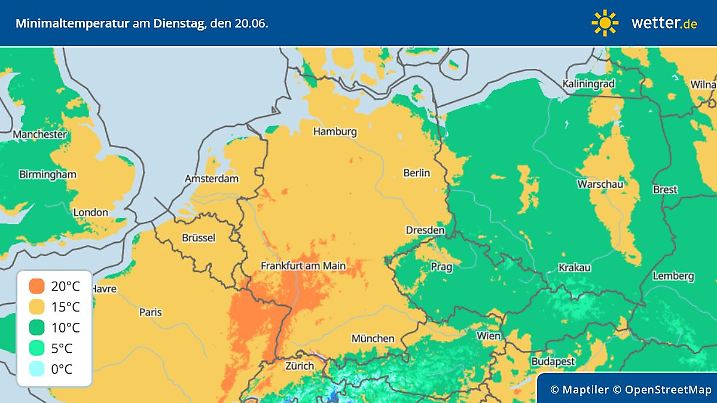 Die Grafik zeigt die Tiefstwerte in der Nacht von Montag auf Dienstag in Deutschland.