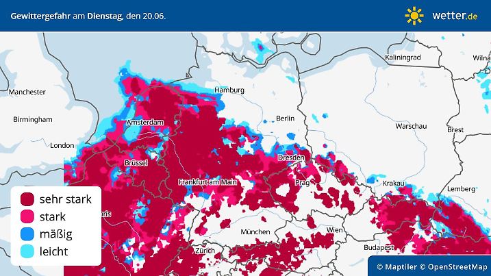Vorhersage und Prognose der Unwettergefahr am Dienstag, 20. Juni 2023