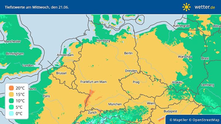 Prognose und Vorhersage für die Tiefstwerte in der Nacht zum 21. Juni 2023
