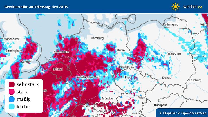 Gewitterrisiko am Dienstag, 20. Juni, in Deutschland