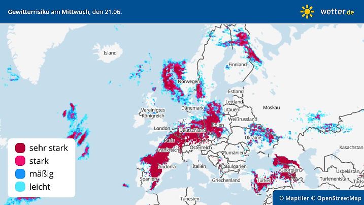 Die Grafik zeigt die Gewittergefahr über Europa am Mittwoch, 21.06.2023