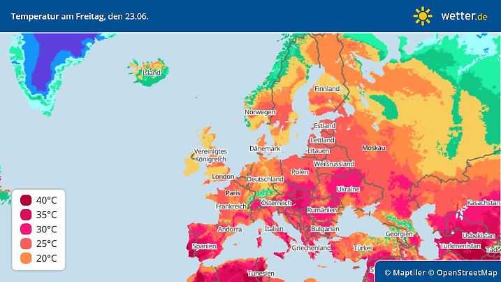 Die Grafik zeigt die Höchstwerte in Europa am Freitag, 23.06.2023