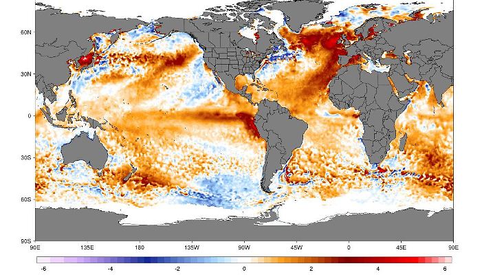 Abweichung der Meeresoberflächentemperatur weltweit für den 19. Juni 2023