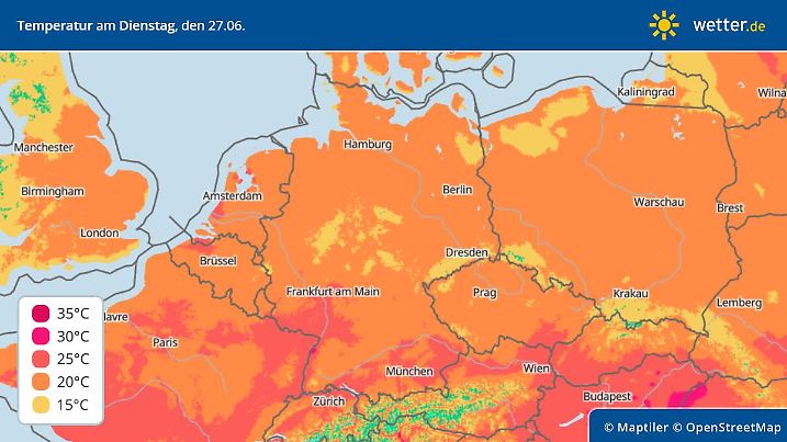 Die Karte zeigt die Temperaturen in Deutschland am Siebenschläfertag 2023.