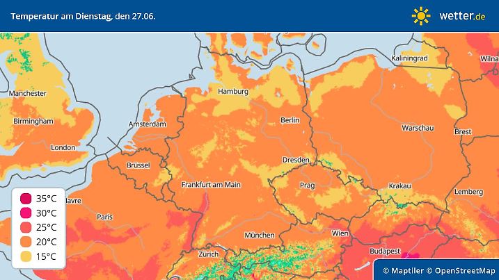 Die Karte zeigt die Temperaturen in Deutschland am Siebenschläfertag 2023.