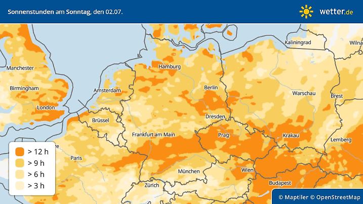 Die Grafik zeigt die Sonnenstunden am Sonntag, 02.07.2023