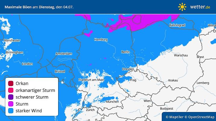 Die Grafik zeigt die maximalen Windböen am Dienstag, 04.07.2023