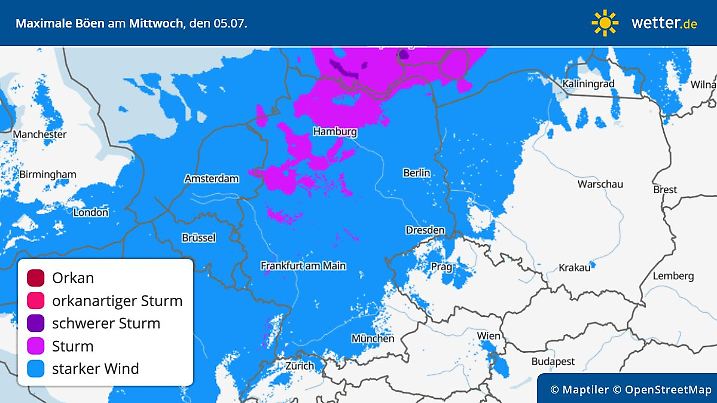Die Grafik zeigt die maximalen Windböen am Mittwoch, 05.07.2023