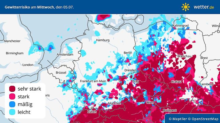 Die Grafik zeigt das Gewitterrisiko am Mittwoch, 05.07.2023