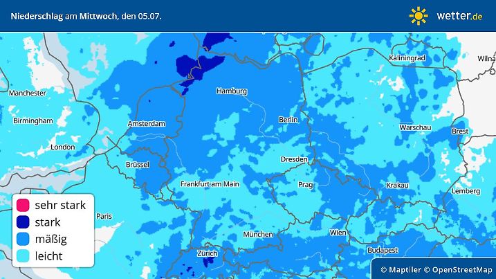 Die Grafik zeigt den Niederschlag am Mittwoch, 05.07.2023