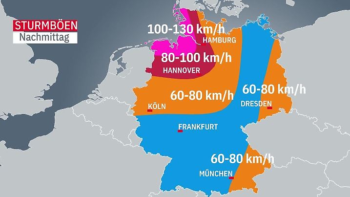 Die Grafik zeigt die maximalen Böen am Mittwoch, 05.07.2023