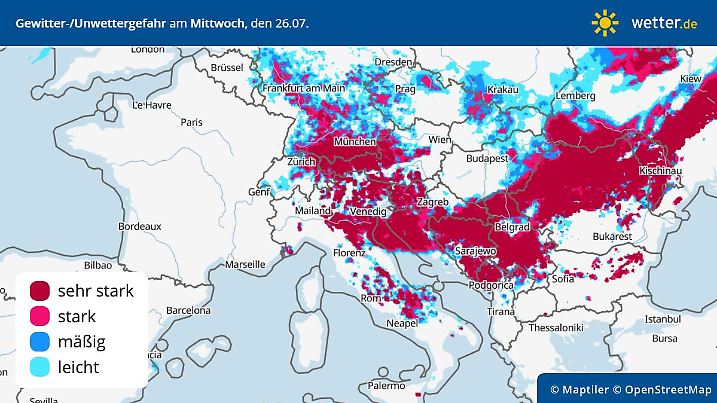 Prognose und Vorhersage der Gewitter und Unwetterentwicklung am Mittwoch