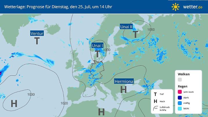 Die Wetterlage für Dienstag, 24. Juli, in Deutschland