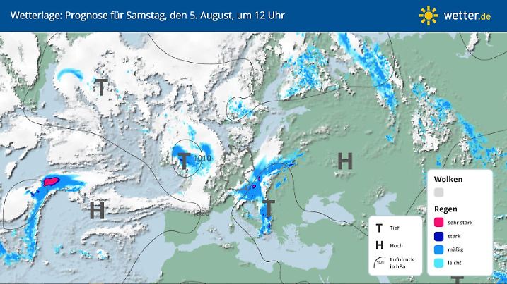 Die Grafik zeigt die Wetterlage am Samstag, 05.08.2023