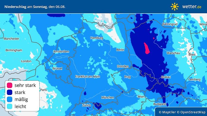 Die Grafik zeigt den Regen am Sonntag, 06.08.2023