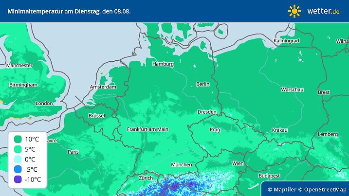 Die Grafik zeigt die Tiefstwerte am Dienstagmorgen, 08.08.2023