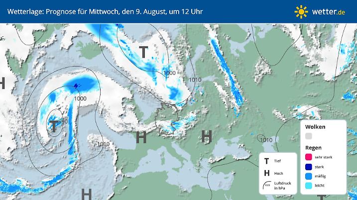 Die Karte zeigt die Wetterlage am Mittwoch, den 9. August 2023, über Deutschland.