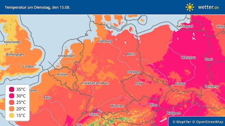 Temperaturhöchstwerte am Dienstag, 15. August, in Deutschland