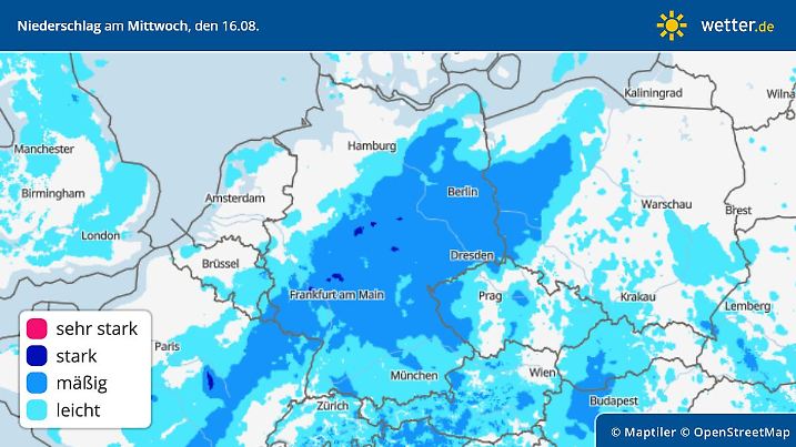 Niederschlag am Mittwoch, 16. August in Deutschland