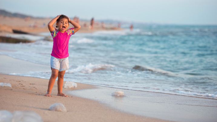 3 years old kid with hands on head standing on the beach. The child looks frightened after seeing a lot of jellyfishes on the sea sand.