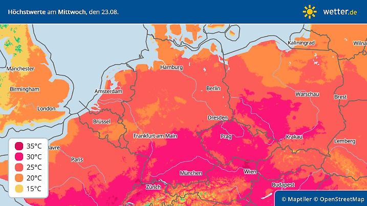 Prognose und Vorhersage für die Höchstwerte am Mittwoch, 23. August 2023