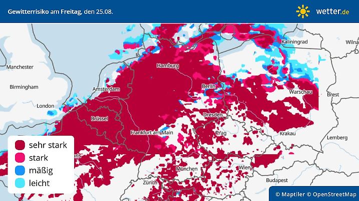 Die Grafik zeigt das Gewitterrisiko für Deutschland am Freitag, 25.08.2023