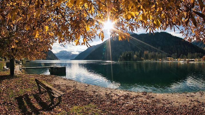 Der Achensee in Tirol im Herbst und Laub am Ufer