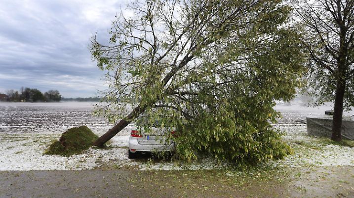 dpatopbilder - 26.08.2023, Bayern, Kissing: Ein vom Sturm entwurzelter Baum liegt auf dem Parkplatz eines Seniorenheims auf einem Autodach. Foto: Karl-Josef Hildenbrand/dpa +++ dpa-Bildfunk +++