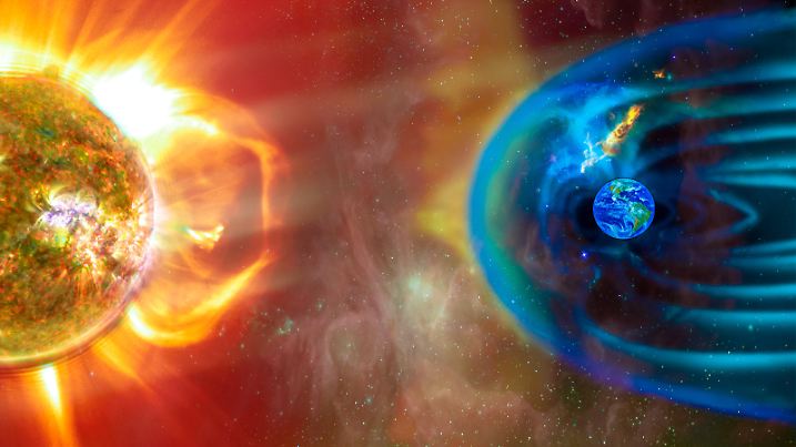 The Sun-Earth connection space weather. Blasts of perticles and magnetic field from the sun impact magnetosphere. Magnetic bubble around the Earth. Elements of this image furnished by NASA.