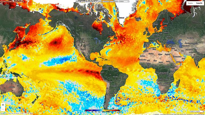 Die Grafik zeigt die momentanen hohen Meerestemperaturabweichungen im Atlantik und Pazifik