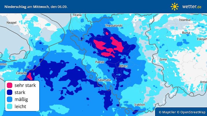 Niederschläge am Mittwoch, 06.09.2023: Die heftigen Regenfälle gehen weiter. Und weiterhin ist Zentralgriechenland im Fokus von Tief Daniel.