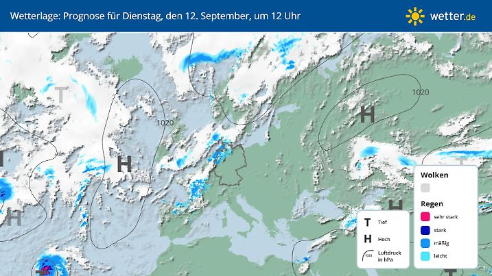 Die Wetterlage am 12. September 2023: Im Nordwesten brodelt es zuerst.