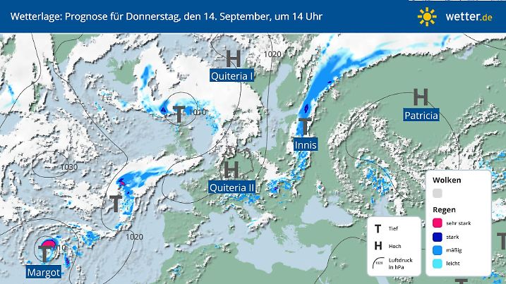Die Grafik veranschaulicht die Wetterlage über Deutschland am 14. September 2023.