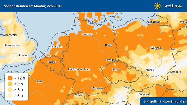 Die Grafik zeigt die Sonnenscheindauer am Montag, 25.09.2023