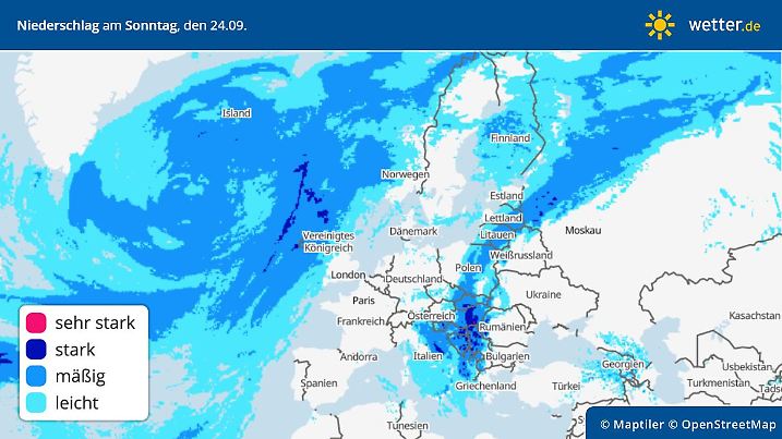 Die Grafik zeigt die Niederschläge am Sonntag, 24.09.2023