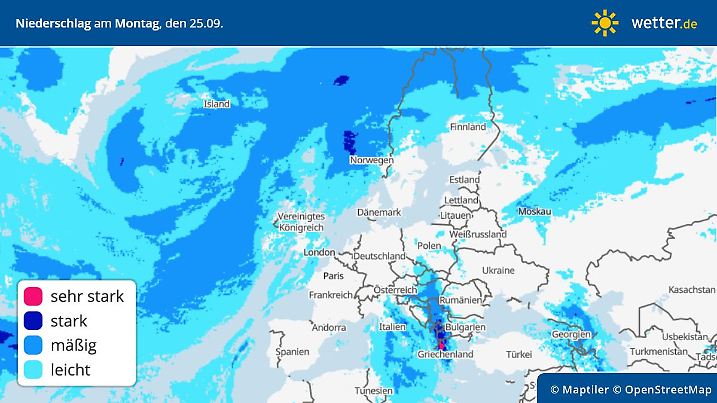 Die Grafik zeigt die Niederschläge für Europa für den Montag, 25.09.2023