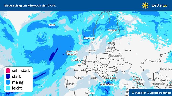 Die Grafik zeigt die Niederschläge für Europa für den Mittwoch, 27.09.2023